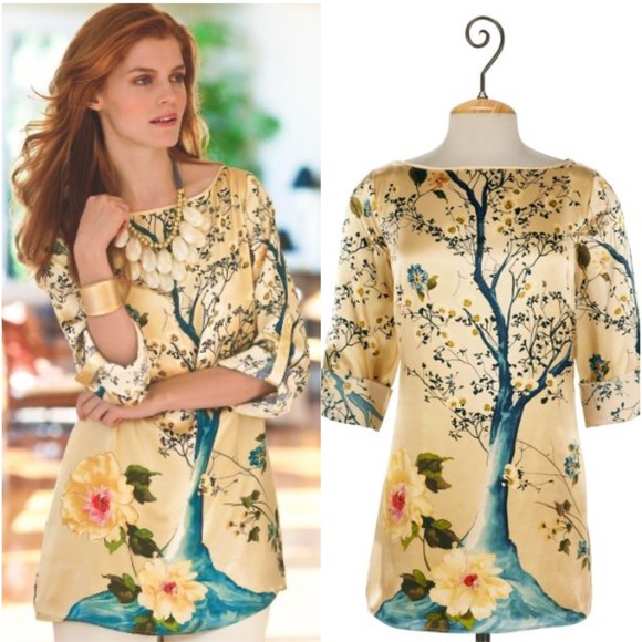 SOFT SURROUNDINGS VTG NEW M Kyoto 100% Silk Tunic • Cherry Blossom Tree Japan - Picture 14 of 15